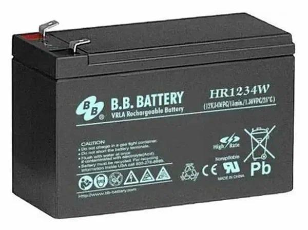 Батарея B.B. Battery серия HR, HR1234W, напряжение 12В, емкость 9Ач (разряд 20 часов), емкость 7Ач (разряд 10 часов), макс. ток разряда (5 сек.) 105А, макс. ток заряда 2.1A, свинцово-кислотная типа AGM, клеммы Т2, ДxШxВ 151x65x100мм., вес 2.5кг., срок слу фото 1