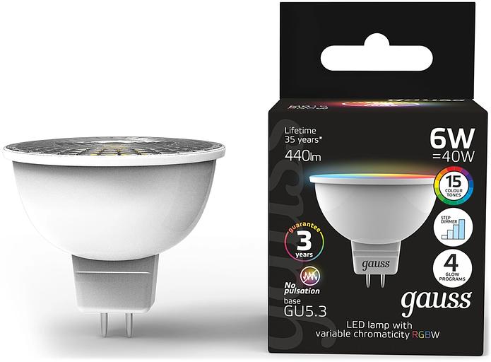 Лампа светодиодная Gauss 101105406 6Вт цок.:GU5.3 софит 175B св.свеч.RGB MR16 (упак.:10шт) фото 1