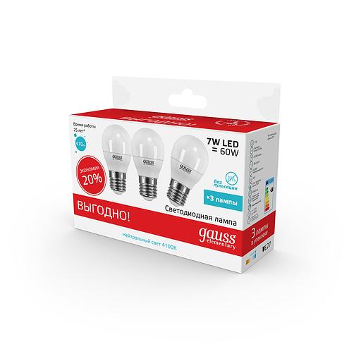 Лампа светодиодная Gauss Elementary 7Вт цок.:E27 шар 220B св.свеч.бел.нейт. (упак.:10шт) (53227T) фото 5
