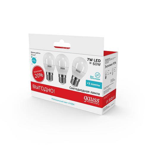 Лампа светодиодная Gauss Elementary 7Вт цок.:E27 шар 220B св.свеч.бел.нейт. (упак.:10шт) (53227T) фото 6