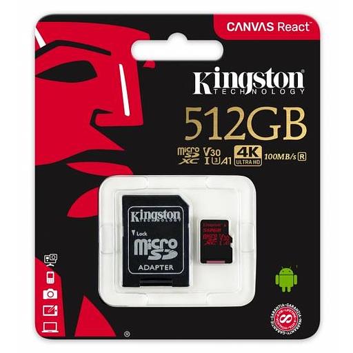 Флеш карта microSD 512GB Kingston MicroSDXC Class10 UHS-I U3 Canvas React (SD адаптер) 100MB/s,80MB/s фото 1