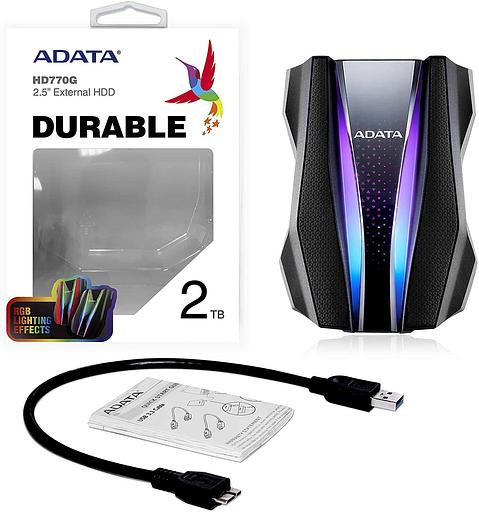 Внешний жесткий диск 2TB A-DATA HD770G, 2,5", USB 3.2, противоударный, водонепроницаемый, черный фото 1