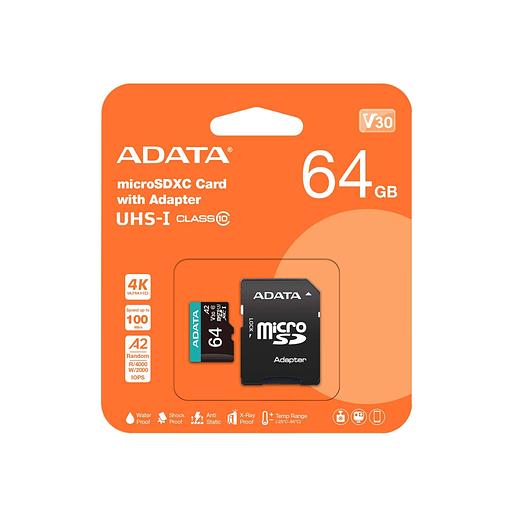 Флеш карта microSD 64GB A-DATA microSDXC Class 10 UHS-I U3 V30S A2 100/75 MB/s (SD адаптер) фото 1