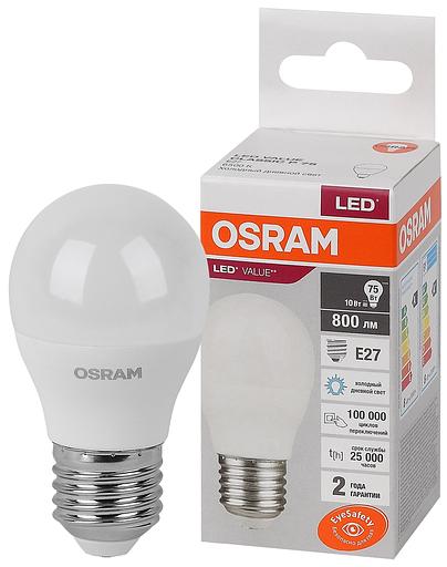 Лампа светодиодная LED 10 Вт E27 6500К 800Лм шарик 220 В (замена 75Вт) OSRAM фото 1