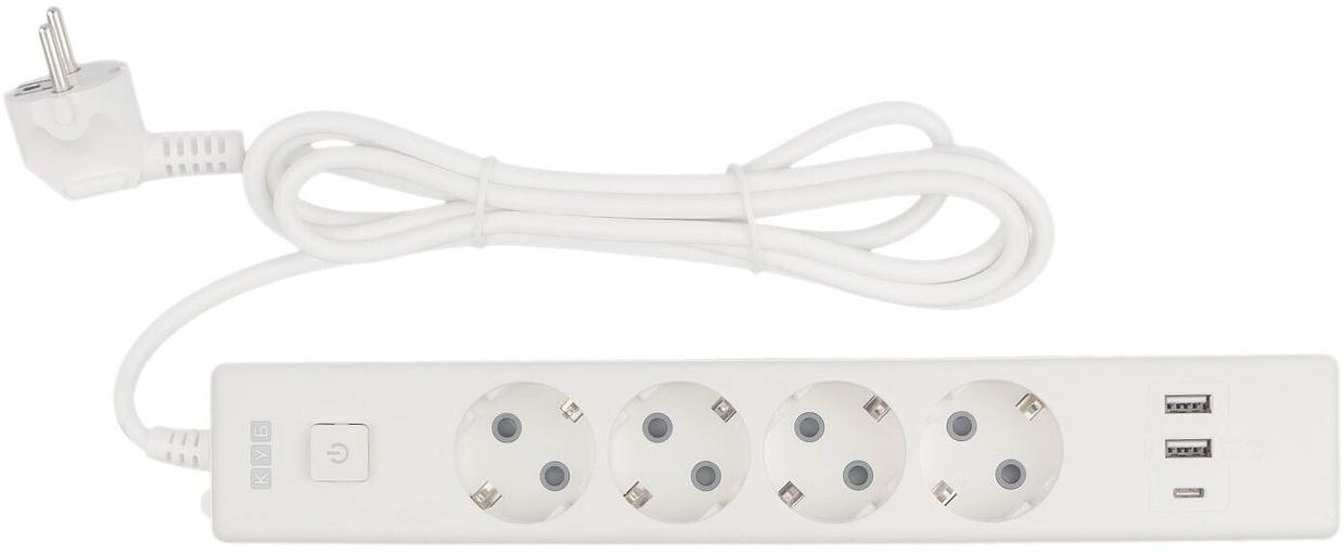 PowerCube Бытовой удлинитель (PC-6-2M) 4р с/з вык.,3USB, 3500 Вт, 16А, 1.9 м, 3*1,0 (белый) {22305} фото 1