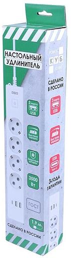 PowerCube Бытовой удлинитель (PC-6-2M) 4р с/з вык.,3USB, 3500 Вт, 16А, 1.9 м, 3*1,0 (белый) {22305} фото 5
