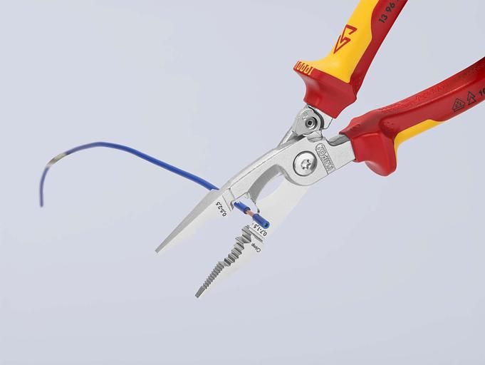 Клещи электромонтажные VDE 1000V 6-в-1 захват плоского и круглого материала гибка удаление заусенцев снятие изоляции 075 - 15 + 25 мм обжимка контактных гильз 05 - 25 мм кабелерез 15 мм (5 х 25 мм) L-200 мм диэлектрические защёлка-собачка хромир фото 8