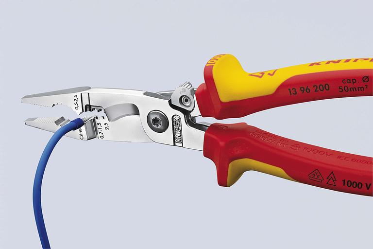 Клещи электромонтажные VDE 1000V 6-в-1 захват плоского и круглого материала гибка удаление заусенцев снятие изоляции 075 - 15 + 25 мм обжимка контактных гильз 05 - 25 мм кабелерез 15 мм (5 х 25 мм) L-200 мм диэлектрические защёлка-собачка хромир фото 9