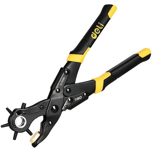 Просекатели Deli Револьверный дырокол для кожи 6-в-1 двухрычажный Deli DL1919A 225мм, диаметр пуансона: 2, 2,5, 3, 3,5, 4, 4,5мм, сталь Cr-V фото 1