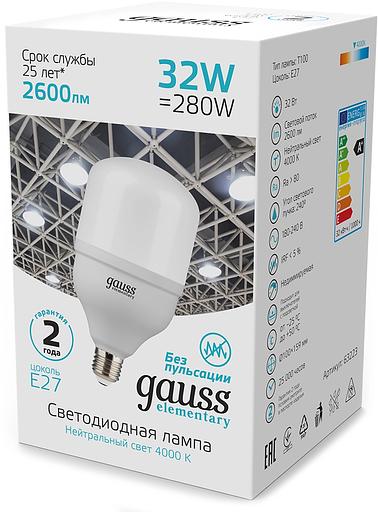 Лампа светодиодная Gauss Elementary T100 32Вт цок.:E27 цилин. 220B св.свеч.бел.хол. (упак.:10шт) (63233) фото 4