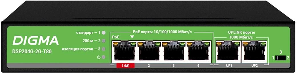 Коммутатор Digma DSP204G-2G-T80 6x1Гбит/с 4PoE 4PoE+ 1PoE++ 80W неуправляемый фото 1