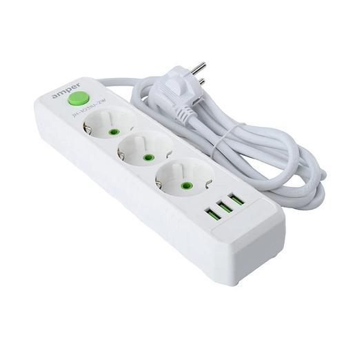Amper сетевой удлинитель, 4,0м, 3 розетки, 10А, 2500 Вт, 3usb, белый. фото 1