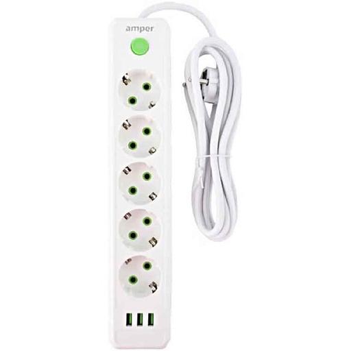 Amper сетевой удлинитель, 4,0м, 5 розеток, 10А, 2500 Вт, 3usb, белый. фото 1