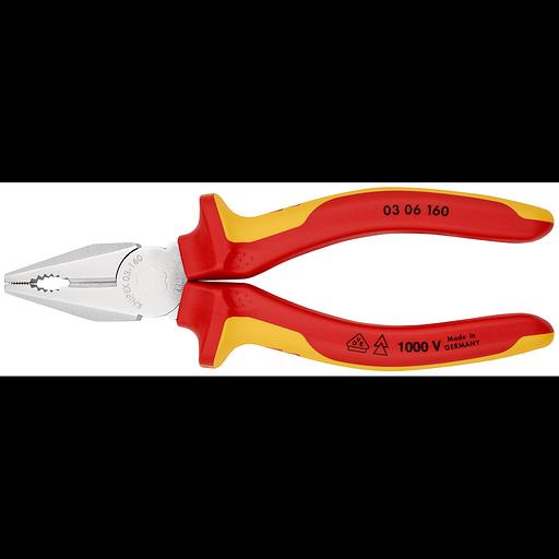 Плоскогубцы комбинированные VDE 1000V резка - проволока средней твердости 31мм твердая проволока 2мм кабель 10мм (16мм) L=160мм диэлектрические хромированные двухкомпонентные рукоятки фото 1