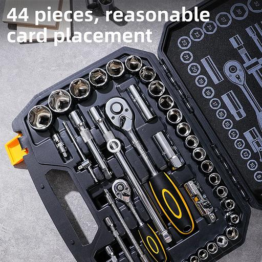 Набор торцевых головок и ключей 44 предмета Deli DL1044 1/2"+1/4", сталь Cr-V, комплектация: торцевые головки (1/4" 4-14мм, 1/2" 8-32мм), 10 удлинительных/соединительных стержней, трещотки 1/4" и 1/2" 45 зубьев, пластиковый кейс фото 2
