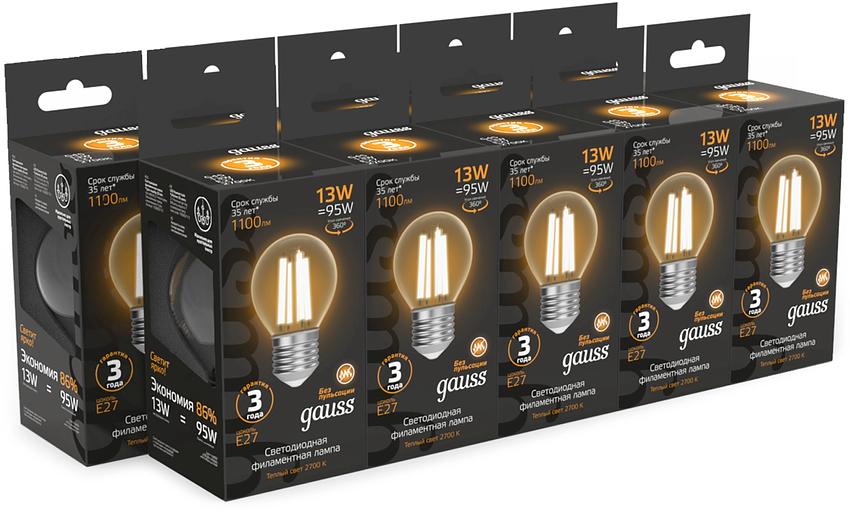 Лампа филам. Gauss Filament 13Вт цок.:E27 шар св.свеч.бел.теп. (упак.:10шт) (105802113) фото 3