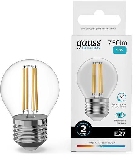 Лампа филам. Gauss Filament 12Вт цок.:E27 шар св.свеч.бел.нейт. (упак.:10шт) (52222) фото 1