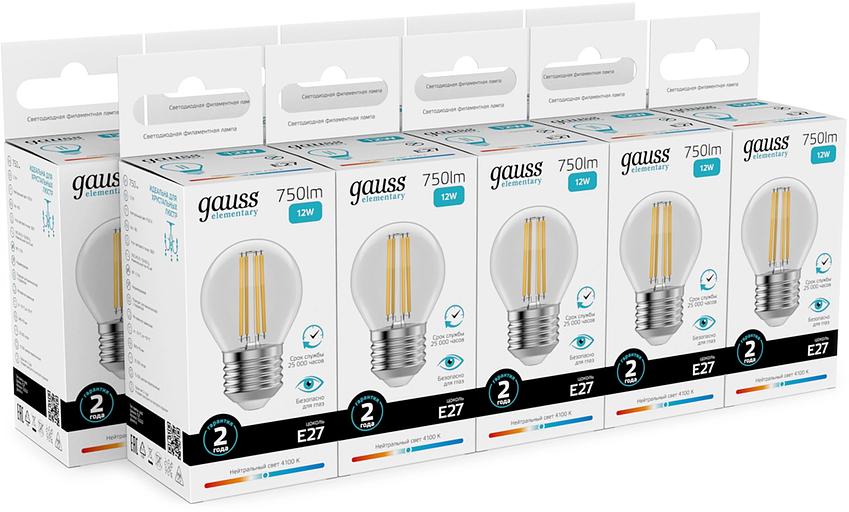 Лампа филам. Gauss Filament 12Вт цок.:E27 шар св.свеч.бел.нейт. (упак.:10шт) (52222) фото 3
