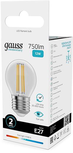 Лампа филам. Gauss Filament 12Вт цок.:E27 шар св.свеч.бел.нейт. (упак.:10шт) (52222) фото 5