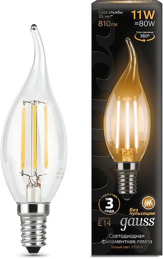 Лампа филам. Gauss Filament 11Вт цок.:E14 свеча 220B св.свеч.бел.теп. CF35 (упак.:10шт) (104801111) фото 1