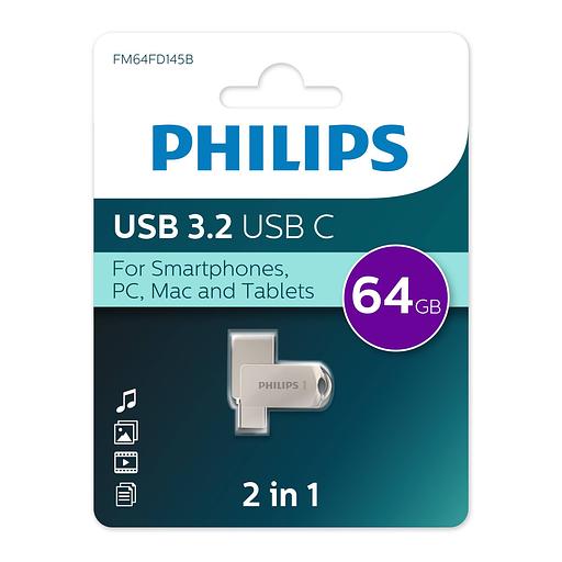 Флеш накопитель 64Gb PHILIPS 2-in-1 USB 3.2 USB C, OTG, USB 3.2/Type-C, Металл, 100 MB/s фото 1