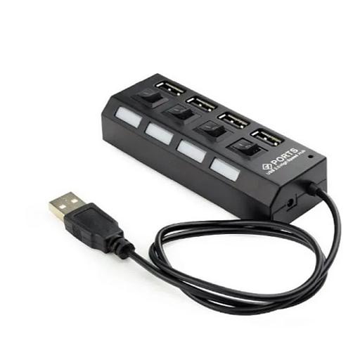 Разветвитель USB2.0 Gembird 4xUSB, блок питания 2А, подсветка и выкл, кабель USB 55см, черный (UHB-U2P4-02A) фото 1
