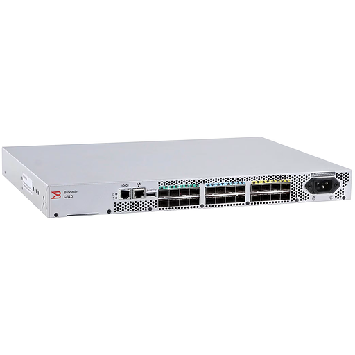 Коммутатор Brocade G610 24-port FC Switch, 8-port licensed, 8x 16Gb SWL SFP+, 1 PS, FOS Notupgradable, Rail Kit фото 1