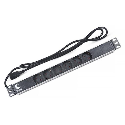Cabeus PDU-6P-2IEC Блок евророзеток для 19" шкафов, горизонтальный, 6 розеток, 10 A, без выключателя, алюминиевый корпус, шнур 2 м, вилка IEC 320 C14 фото 1