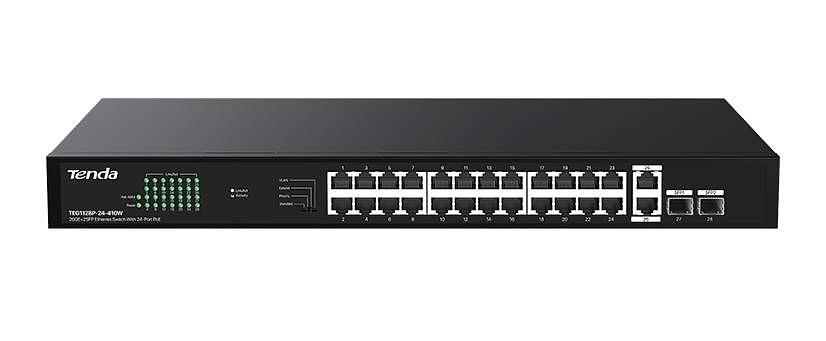 Tenda TEG1128P-24-410W Коммутатор неуправляемый PoE, 28 порта, 24x1 Гбит/с, PoE 24х30 Вт (до 410Вт), RJ45 2x1 Гбит/с фото 1