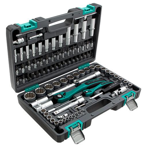 Набор инструментов 1/2, 1/4, CrV, 12 гранные головки, пластиковый кейс, 94 предмета фото 2