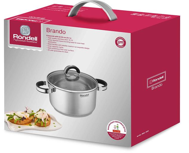 Кастрюля Rondell Brando RDS-1805 5.1л. d=24см (с крышкой) стальной фото 6