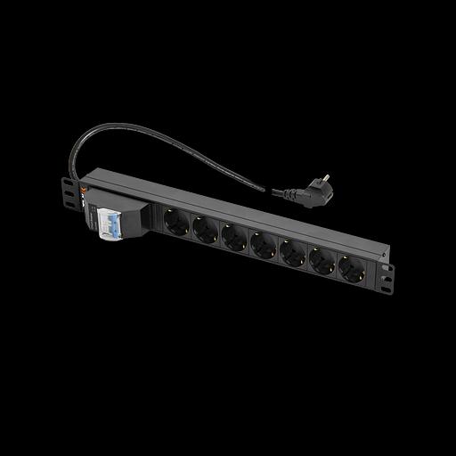 Блок электрических розеток TLK, 19", 7 гнезд "евророзетка", 16A, двухполюсный автомат 16А, шнур питания 2 метра, "евровилка", сечение 3*1,5 мм2 фото 1