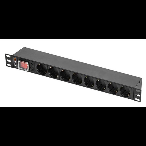 Блок электрических розеток TLK, 19", 8 гнезд евророзетка, макс. нагрузка 10 А, без шнура питания, вход С14 + предохранитель 10 А фото 1