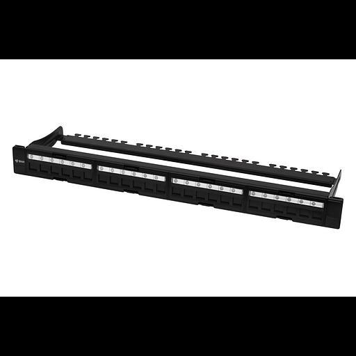 Коммутационная панель SNR, 19" для модулей KeyStone, незагруженная, неэкранированная, 1U, 24 порта, cat.5e, разборная, порты со шторками фото 1