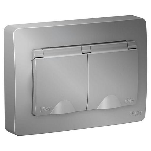 Розетка 2-м СП Blanca 16А IP44 250В с заземл. защ. шторки с крышкой алюм. SE BLNRS441123 фото 1