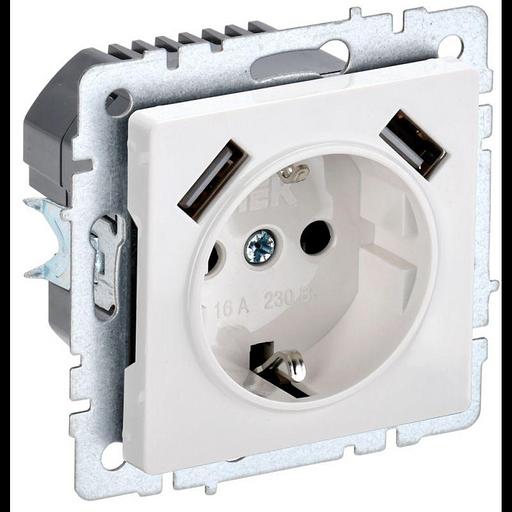 Розетка BRITE РЮш10-1-БрБ 16А с USB A+A 2.1А с заземл. защ. шторки бел. IEK BR-R14-16-U21-D21-K01 фото 1