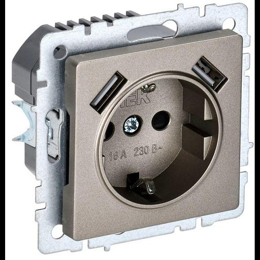Розетка BRITE РЮш10-1-БрШ 16А с USB A+A 2.1А с заземл. защ. шторки шампань IEK BR-R14-16-U21-D21-K37 фото 1