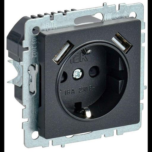 Розетка BRITE РЮш10-2-БрЧ 16А с USB A+A 3.1А с заземл. защ. шторки черн. IEK BR-R14-16-U21-D31-K02 фото 1