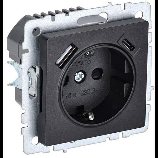 Розетка BRITE РЮш11-1-БрЧ 16А с USB A+C 18Вт с заземл. защ. шторки черн. IEK BR-R14-16-U22-018-K02 фото 1