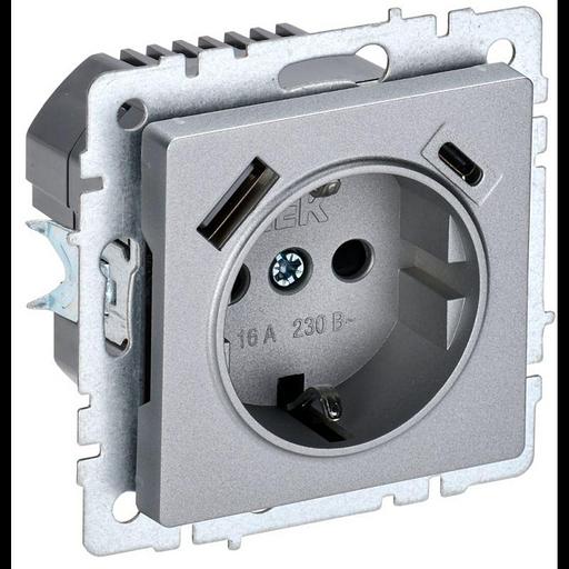 Розетка BRITE РЮш11-1-БрА 16А с USB A+C 18Вт с заземл. защ. шторки алюм. IEK BR-R14-16-U22-018-K47 фото 1