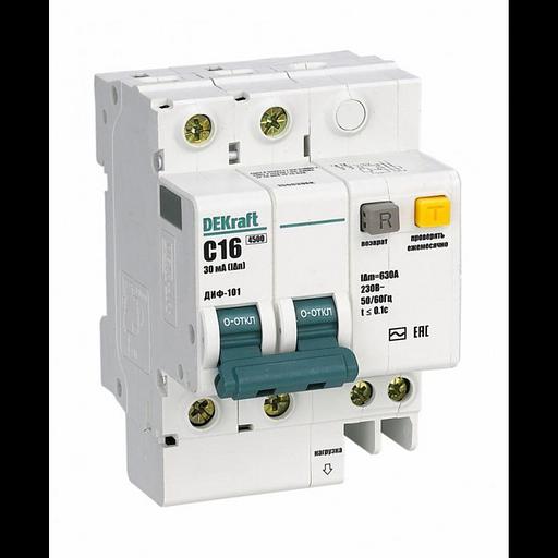 Выключатель автоматический дифференциального тока 2п C 16А 30мА тип AC 4.5кА ДИФ-101 4.5мод. DEKraft фото 1