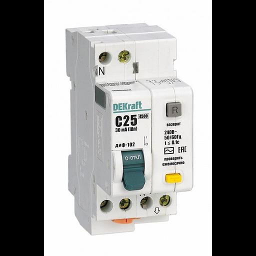 Выключатель автоматический дифференциального тока 2п (1P+N) C 25А 30мА тип AC 4.5кА ДИФ-102 2мод. DE фото 1