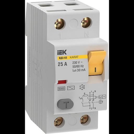 Выключатель дифференциального тока (УЗО) 2п 25А 30мА 6кА тип AC ВД3-63 KARAT IEK MDV20-2-025-030 фото 1