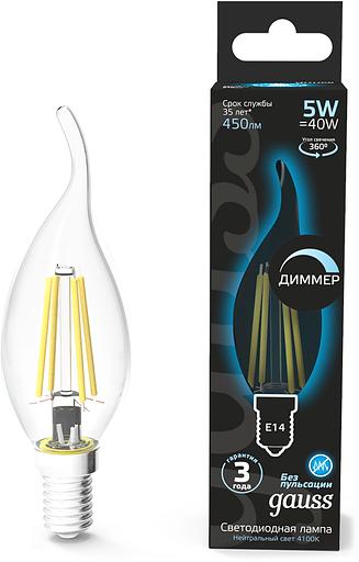 Лампа филам. Gauss Filament 5Вт цок.:E14 свеча 220B св.свеч.бел.нейт. (упак.:10шт) (104801205-D) фото 1