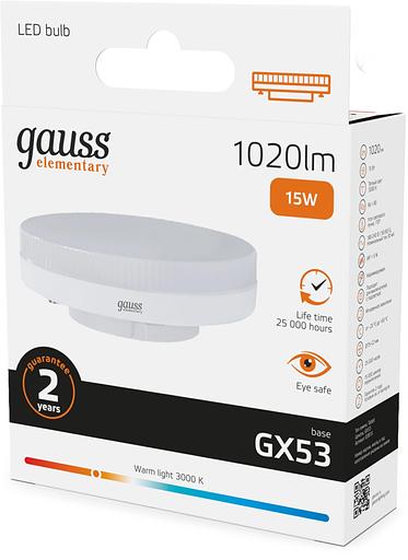 Лампа светодиодная Gauss Elementary 15Вт цок.:GX53 таблетка 220B св.свеч.бел.теп. (упак.:10шт) (83815) фото 5