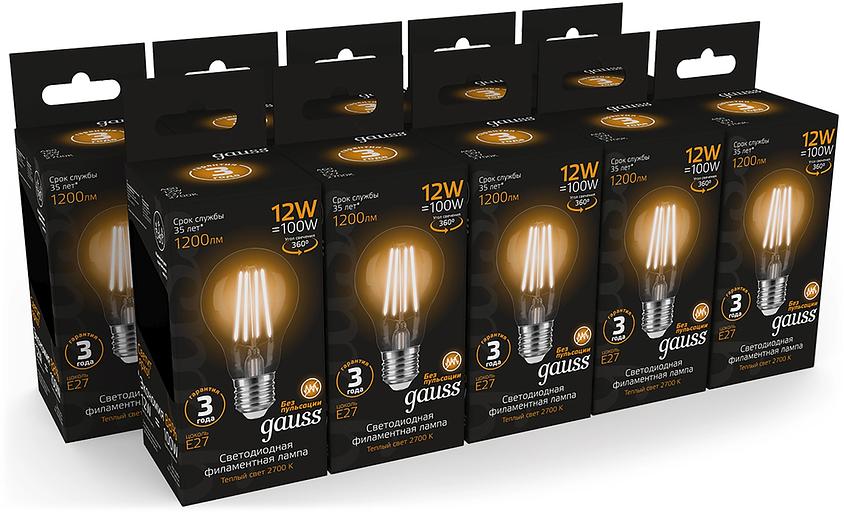 Лампа светодиодная Gauss Filament 102902112 12Вт цок.:E27 груша 185B св.свеч.бел.теп. грушевидная (упак.:10шт) фото 3
