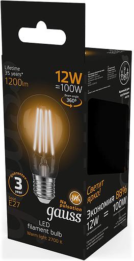 Лампа светодиодная Gauss Filament 102902112 12Вт цок.:E27 груша 185B св.свеч.бел.теп. грушевидная (упак.:10шт) фото 5