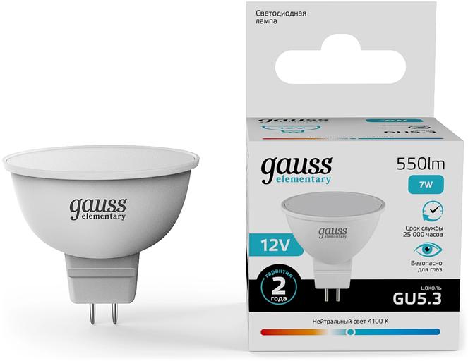 Лампа светодиодная Gauss Elementary 7Вт цок.:GU5.3 софит 12B св.свеч.бел.нейт. (упак.:10шт) (11527) фото 1