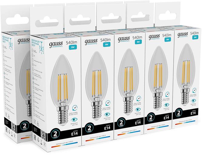 Лампа филам. Gauss Filament 8Вт цок.:E14 свеча св.свеч.бел.нейт. (упак.:10шт) (32128) фото 3
