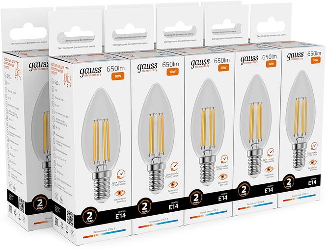 Лампа филам. Gauss Filament 10Вт цок.:E14 свеча св.свеч.бел.теп. (упак.:10шт) (32110) фото 3